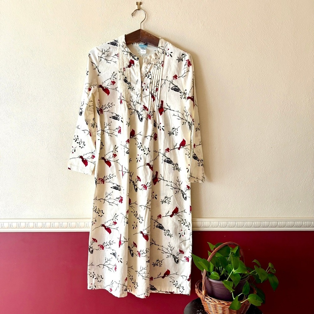 Cream Floral Nightdress with Red Bird Motif